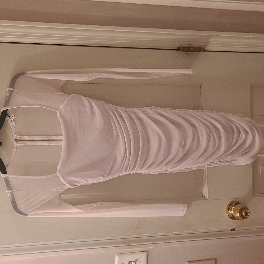 White rouched dress with sheer sleeves